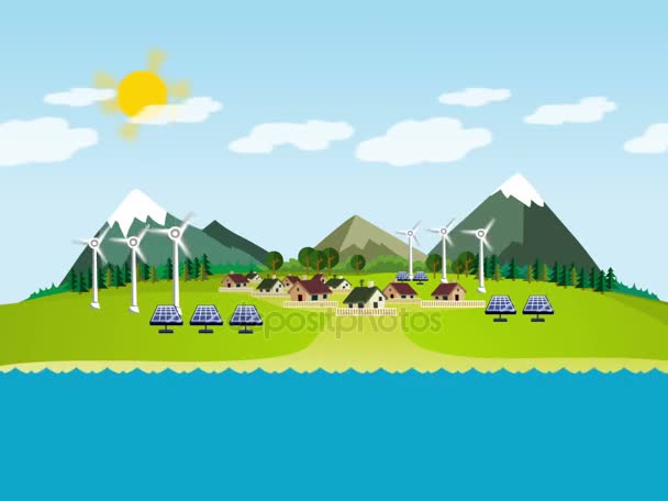 Ecology green landscape animation alternative energy generators design for save earth day. — Stock Video