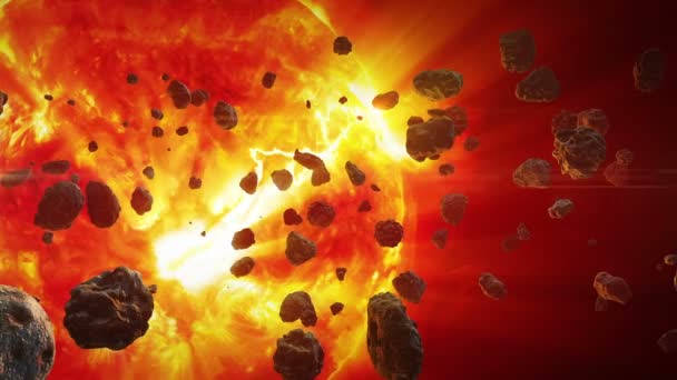 Asteroïden vliegen in de ruimte tegen de achtergrond van de rode reus, zichtbaar protuberansen en de fotosfeer van de ster — Stockvideo