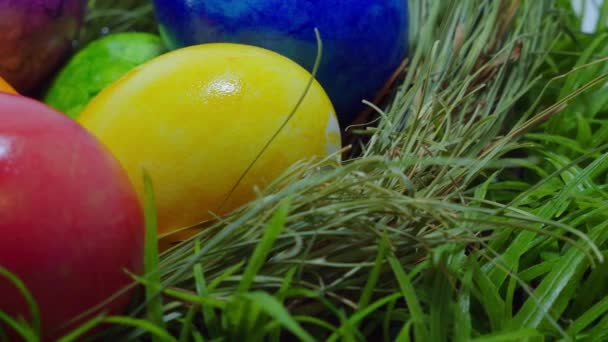 Joyeuses Pâques Oeufs de Pâques colorés dans l'herbe 
