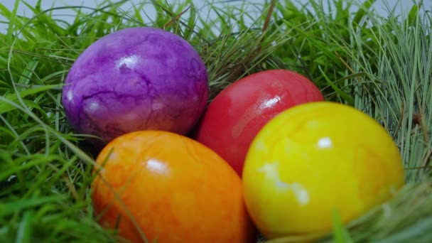 Veselé Velikonoce - barevné velikonoční vejce v trávě — Stock video