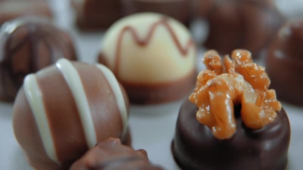 Pralinés y chocolates - una variedad de dulces — Vídeo de stock