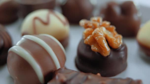 Pralines en chocolade - een verscheidenheid van snoepjes — Stockvideo