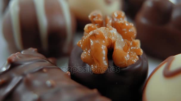 Pralinés y chocolates - una variedad de dulces — Vídeos de Stock