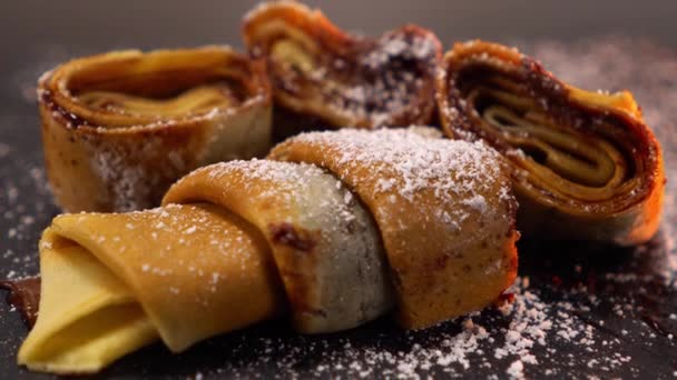 French Crepe filled with chocolate - sweet pancake dessert from France — Stock Video