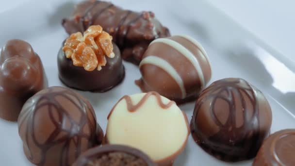 Пралине и шоколаде - различные сладости — стоковое видео