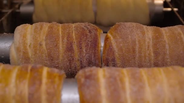 Традиційні Чеські Солодке Задоволення Trdelnik Щоб Підготувати Спеціальний Шампури Дерев — стокове відео