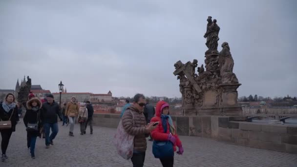 Prag Prag Charles Köprüsü Üzerinde Kişi Çek Cumhuriyeti Şubat 2017 — Stok video