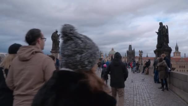 Άτομα Γέφυρα Του Καρόλου Στην Πράγα Πράγα Δημοκρατία Της Τσεχίας — Αρχείο Βίντεο