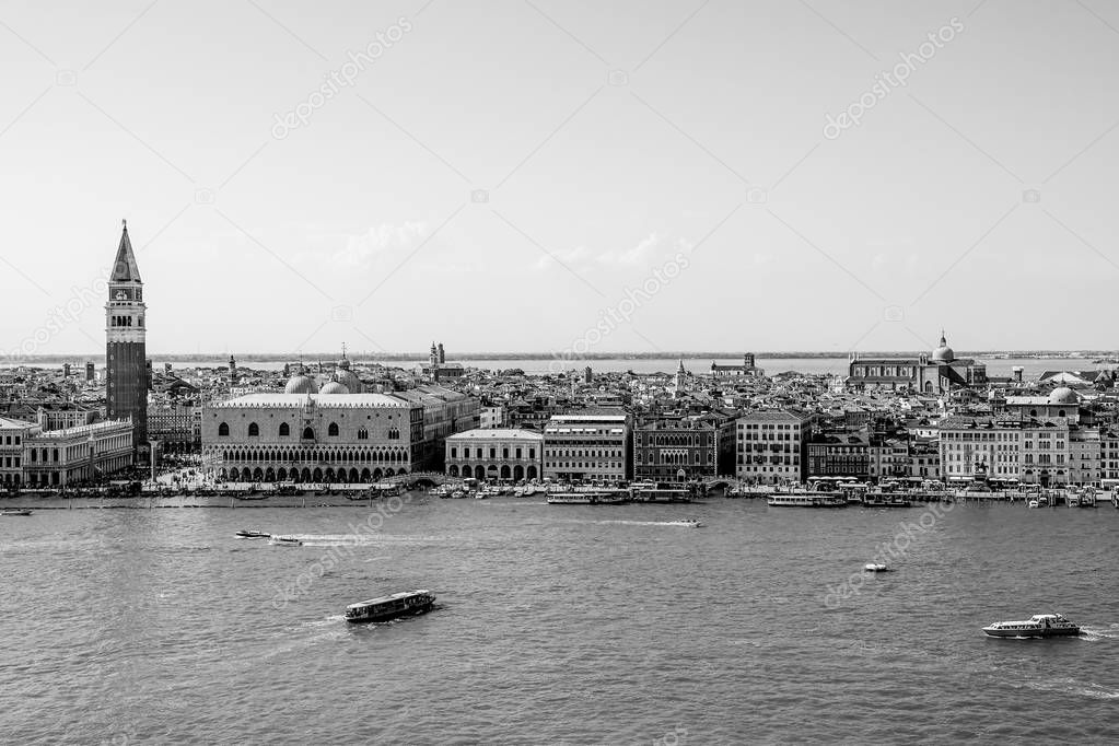 Aerial view over skyline of Venice at St Marks Place with Campanile and Doge Palace