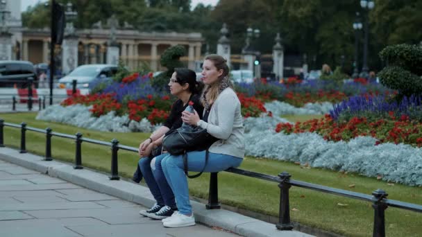 Две молодые женщины отдыхают в парке — стоковое видео