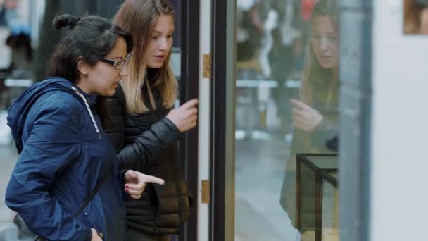 Duas garotas olham uma vitrine em uma milha de compras — Vídeo de Stock