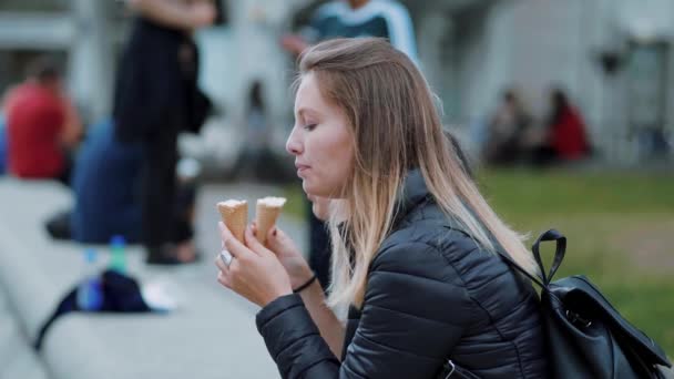 Vrienden met ijs ontspannen in een park — Stockvideo