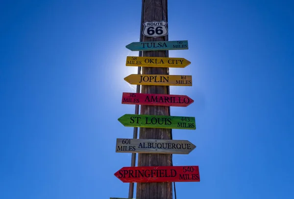 Wegweiser zu berühmten Städten an der Route 66 — Stockfoto