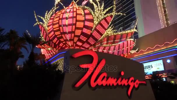 Flamingo Hotel en Casino Las Vegas - prachtig uitzicht op de avond - LAS VEGAS-NEVADA, OKTOBER 11, 2017 — Stockvideo