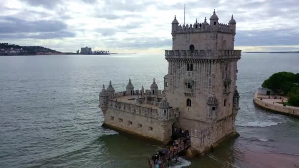 Most important landmark in Lisbon . The Tower of Belem from above — Stock Video
