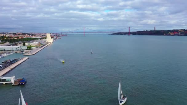 River Tejo also called Tagus river in Lisbon with famous 25th April Bridge — Stock Video