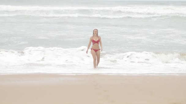 性感的女孩在暴风雨的大海背景下走在沙滩上 慢镜头 — 图库视频影像