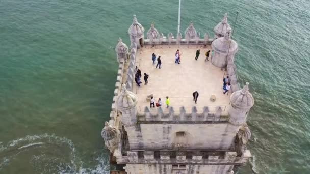 Menara Belem Lisbon Adalah Markah Tanah Terkenal Kota Rekaman Drone — Stok Video