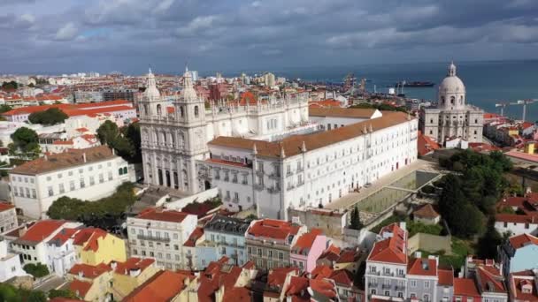 Veduta Aerea Sullo Storico Quartiere Alfama Lisbona Riprese Aeree Droni — Video Stock