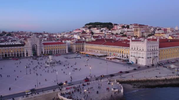 Kvällstid Augusta Gate Och Commerce Square Lissabon Från Ovan Praca — Stockvideo