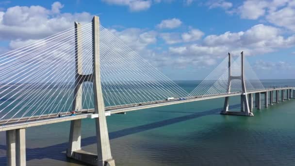 Lissabon Besichtigung Von Oben Brücke Vasco Gama Drohnenaufnahmen Aus Der — Stockvideo