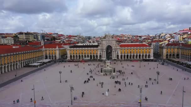 Evening View Central Square Lisbon Famous Praca Comercio Aerial Drone — Stock Video