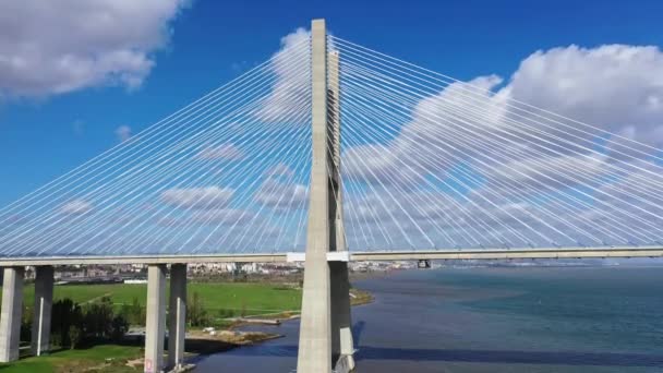 Aerial view over Vasco Da Gama Bridge in Lisbon — 비디오