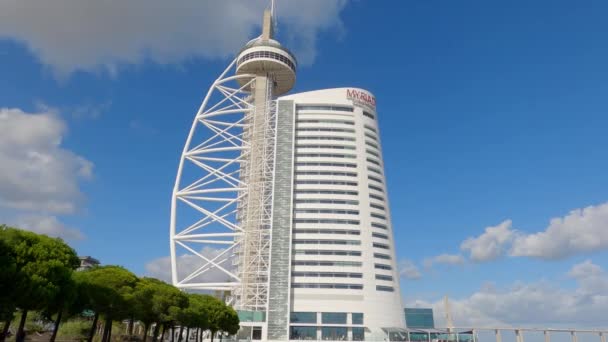 Vasco da Gama Tower and Myriad Hotel at park of Nations in Lisbon - Πόλη της Λισαβόνας, Πορτογαλία - November 5, 2019 — Αρχείο Βίντεο
