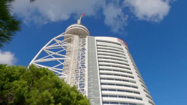Vasco da Gama Tower and Myriad Hotel at park of Nations in Lisbon - CITY OF LISBON, PORTUGAL - NOVEMBER 5, 2019 — Stok Video