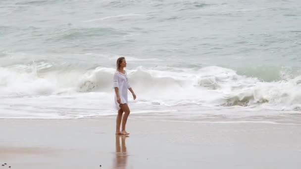 Yazın mükemmel bir günü. Genç bir kadın sahilde güzel bir gün geçiriyor. — Stok video