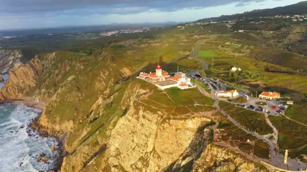 The lighthouse of Cape Roca in Portugal called Cabo da Roca - aerial view — Stock Video