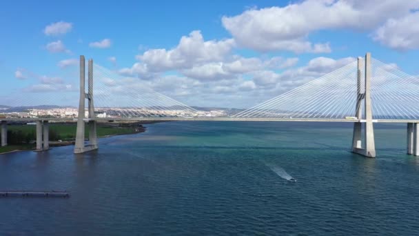 Aerial view over Vasco Da Gama Bridge in Lisbon — Stock Video
