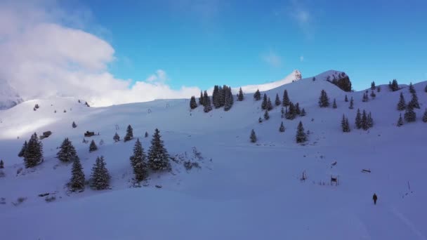 Vuelo Sobre Montañas Nevadas Invierno Maravillosos Alpes Suizos Imágenes Aéreas — Vídeo de stock