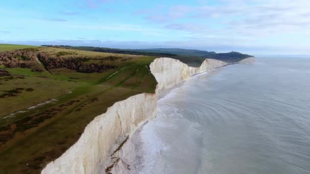 Șapte Surori Uimitoare Coasta Engleză Stânci Albe Deasupra Imagini Aeriene — Videoclip de stoc