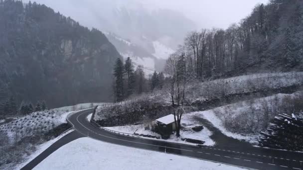 Drohnenflug Über Einer Verschneiten Winterlandschaft Einem Wintertag Luftaufnahmen — Stockvideo