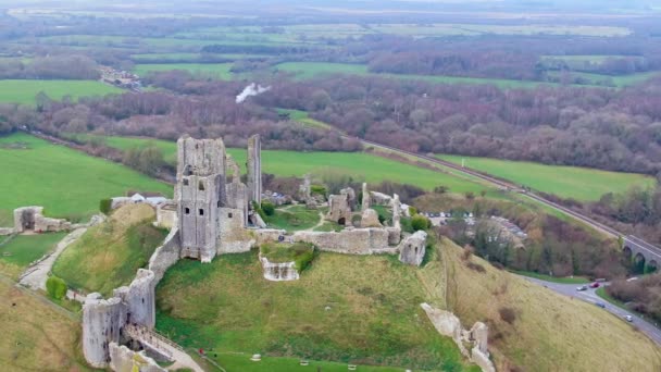 Castelul Corfe Din Anglia Vedere Aeriană Fotografie Aeriană — Videoclip de stoc