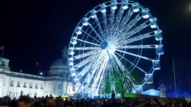 Rueda Fortuna Ciudad Cardiff Gales Por Noche Cardiff Reino Unido — Vídeos de Stock