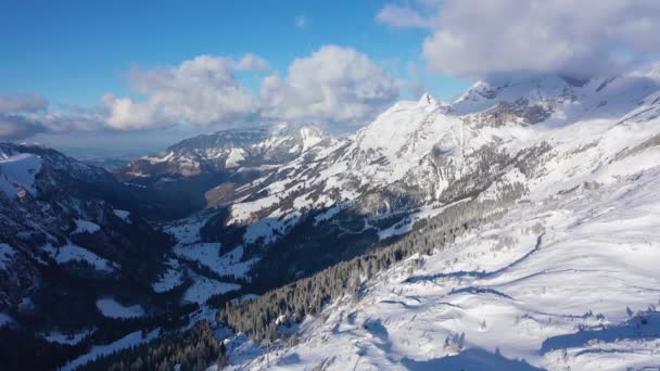 Volo Sulle Montagne Innevate Delle Alpi Svizzere Giorno Inverno Riprese — Video Stock