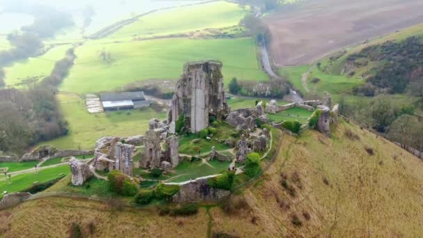 Volo Intorno Castello Corfe Inghilterra Vista Aerea — Video Stock