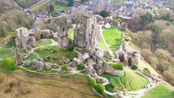 Corfe Castle England Flygfoto — Stockvideo