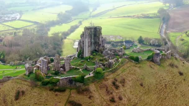 Corfe Castle England Flygfoto — Stockvideo