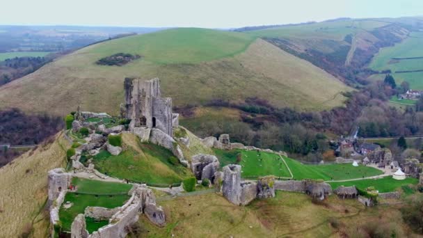 Castelul Corfe Din Anglia Vedere Aeriană — Videoclip de stoc