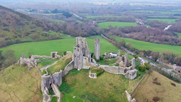 Voo Torno Castelo Corfe Inglaterra Imagens Aéreas — Vídeo de Stock