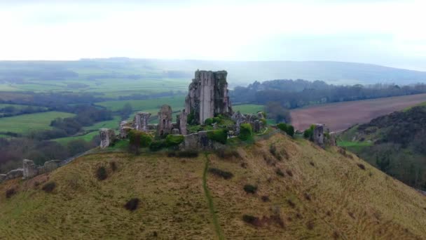 Château Corfe Angleterre Séquences Vue Aérienne — Video