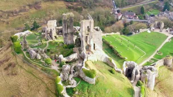 Incredibile Castello Corfe Inghilterra Dall Alto Riprese Aeree — Video Stock