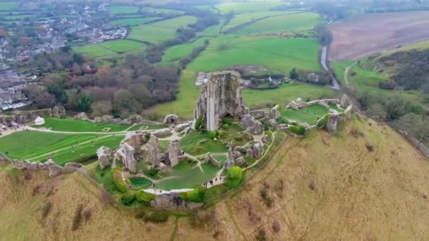 Fantastiska Corfe Castle England Från Ovan Flygbilder — Stockvideo