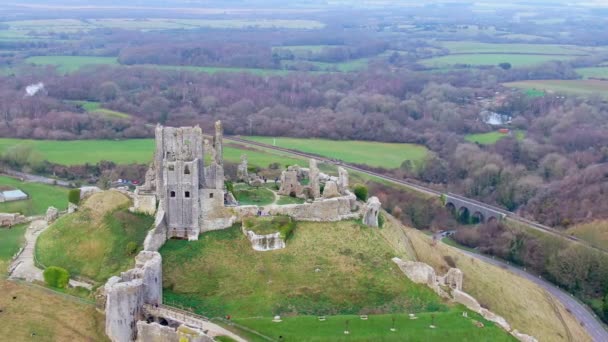 Corfe Castle England Aerial View Footage — Stock Video