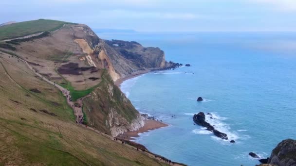 Fantastiska Durdle Door Jurassic Coast England Ovanifrån Flygbilder — Stockvideo