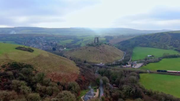 Château Corfe Angleterre Séquences Vue Aérienne — Video