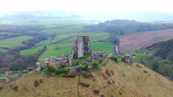 Amazing Corfe Castle Angliában Felülről Légi Felvétel — Stock videók